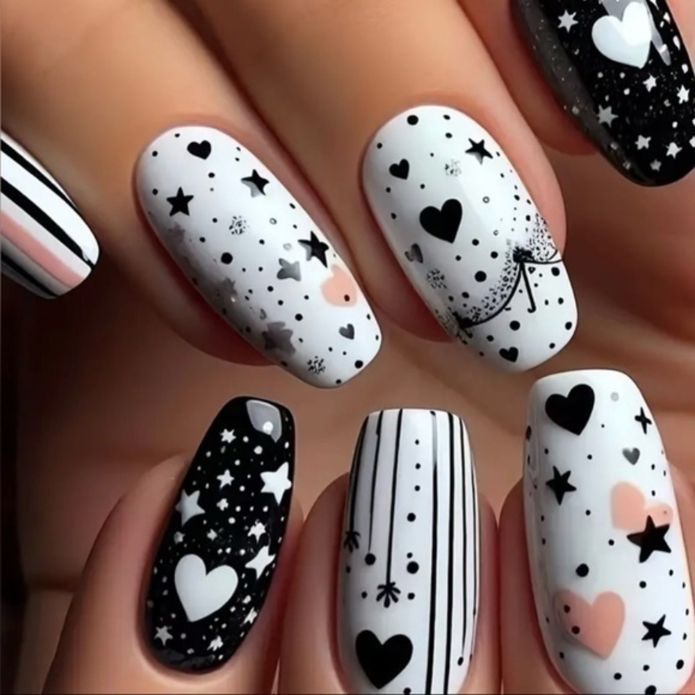 Black, White, Pink Heart Fake Press On Nails NWT